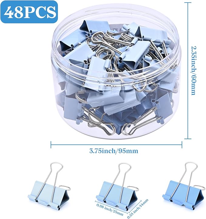 Temiary Aesthetic Binder Clips, 48 Pcs 0.98 Inches Small Metal Binder Clip with Clear Storage Container, Binding Paperwork Clamps for School Teachers Office Supplies (Blue)