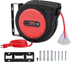 VEVOR 75FT Retractable Extension Cord Reel, 14AWG/3C SJTOW Heavy Duty Power Cord w/Lighted Electrical Triple Tap Outlets, 13A Circuit Breaker,180° Swivel Bracket for Workshop or Garage, Red