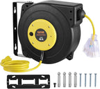 VEVOR Retractable Extension Cord Reel, 45 FT, Heavy Duty 12AWG/3C SJTOW Extension Power Cord with Lighted Triple Tap Outlet, 15A Circuit Breaker 180° Swivel Bracket for Ceiling or Wall Mount, Yellow