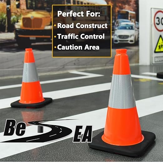 (8 Cones) BESEA 18" inch Traffic Cones Traffic Safety Cones Black Base Construction Road Parking Cone with 6" Highly Reflective Collar(8 Pack)