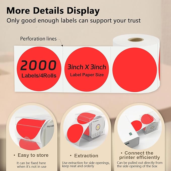 3 X 3 Inch Round Thermal Labels Circle Color Coding Labels Printable Waterproof 500PCS Round Stickers Adhesive Writable for Home, Garage, DIY Sticker, Barcodes,4 Rolls of Fluorescent Red