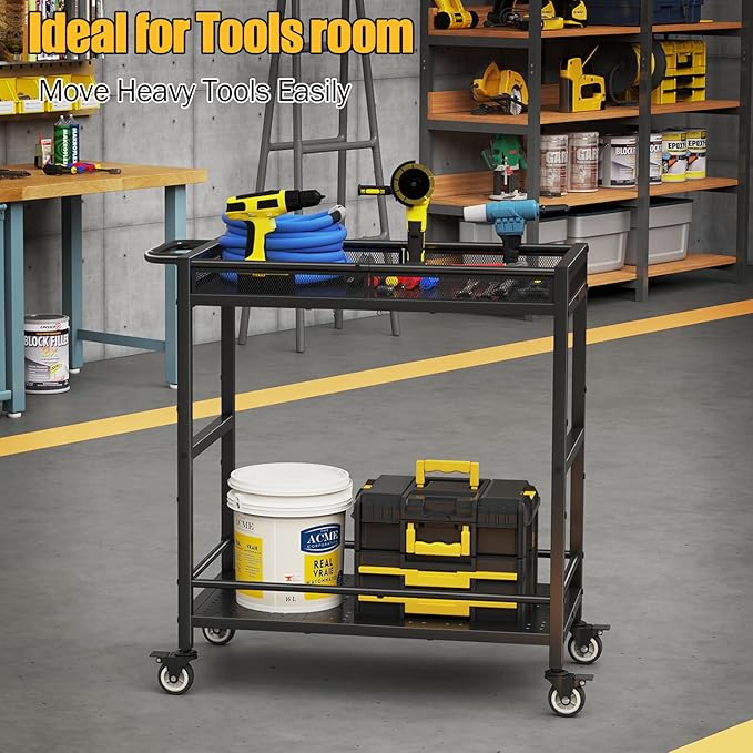 300LBS Heavy Duty Service Utility Cart on Wheels, Metal Rolling Utility Cart with Fences, 2-Tier Service Carts for Garage Garden Warehouse Tool House, Black, 360° Swivel, Ergonomic Handle, Sturdy