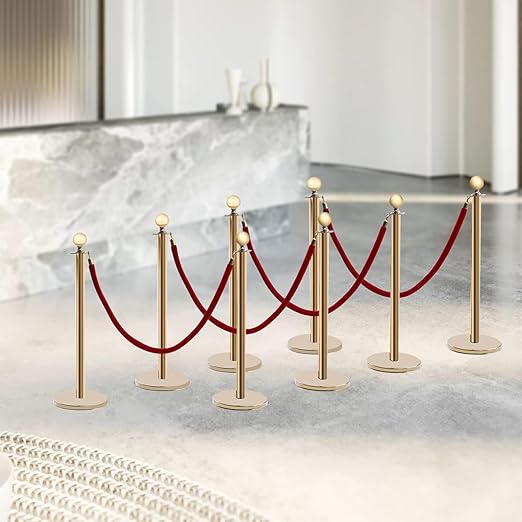 Gold Stanchions Posts, 8 Packs Stanchions Set Crowd Control Barriers with 4.9 ft Red Velvet Rope, Stanchion and Velvet Ropes Red Carpet Poles for Party Supplies