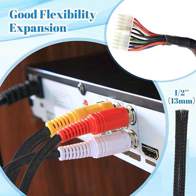 Pangda 150 Feet 1/2 Inch Wire Loom Pet Expandable Braided Sleeving Braided Sleeve for TV, Computer, Home Theater (Black)