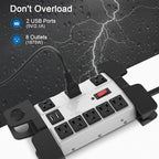 Heavy Duty Power Strip with USB, Workshop 8 Outlet Surge Protector 2700 Joules, Grey Industrial Metal 15Amp Power Strip, 15FT Extension Cord and Wide Spaced.