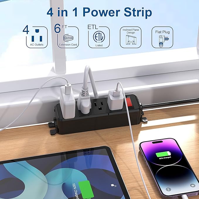 Wall Mount Power Strip,Flat Plug Power Strip with Switch,6ft Extension Cord,4 Outlets, Flexible Installation for Home, Office,and School,ETL Listed,Black (6ft,4 outlets)