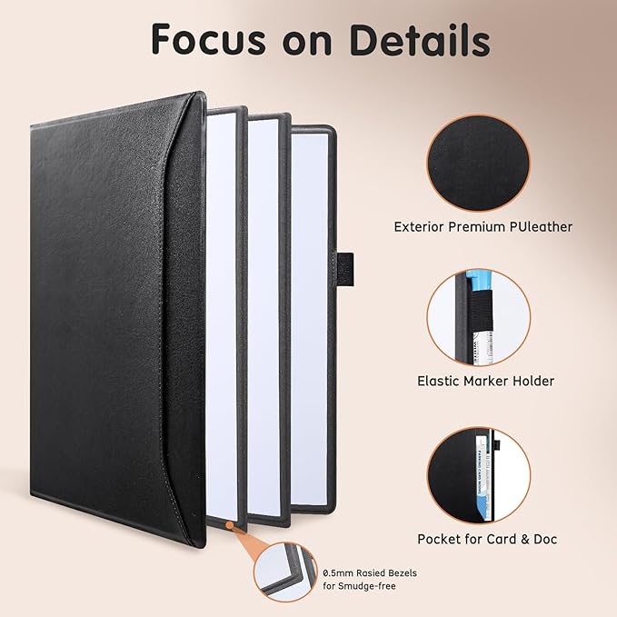 CoBak 6 Sides Portable White Board 12x9 inch (A4) - Notebook Design Dry Erase Small Board with Pocket and 3 Markers, Anti-Ghosting Surface for Office, School, Homeschool with Gift Box (Black)