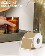 iEager Brown Square Thermal Label Stickers, 2"x2" Self-Adhesive Square Direct Thermal Labels with Perforation Line, 500 Sheets/Roll