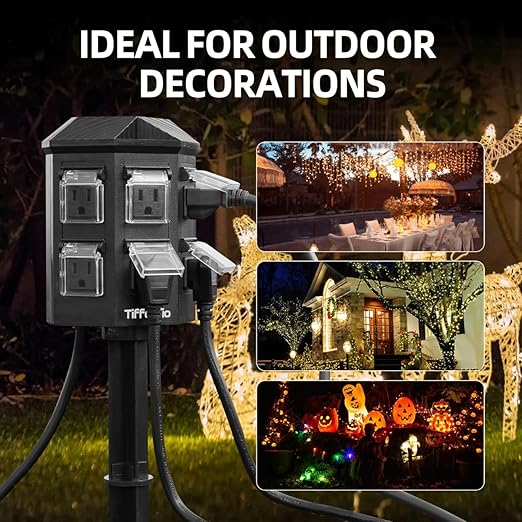 TiFFCOFiO Outdoor Power Strip Waterproof, 24 Hour Mechanical Timer, 15 ft Extension Cord, 6 Grounded Outlets for Outdoor Lights, ETL Listed (15 FT)