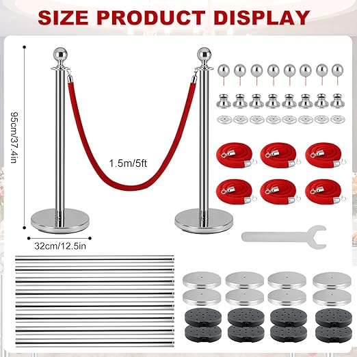 8 PCS Stainless Steel Stanchion Post,5Ft Red Velvet Rope, Hollow Base and Velvet Ropes Safety Barriers Set, Poles Crowd Control Barriers for Red Carpet Themed Decoration