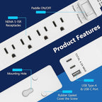 LIDER Outlet Extender with 4 Receptacles, USB-A and 2 USB-C, Ultra-Thin Flat-Plug with Cord Extender, 4-Outlet Power Strip, Slim Angled Design, Surge Protector, 1500 Joules, 5ft Cord, UL-Listed, White