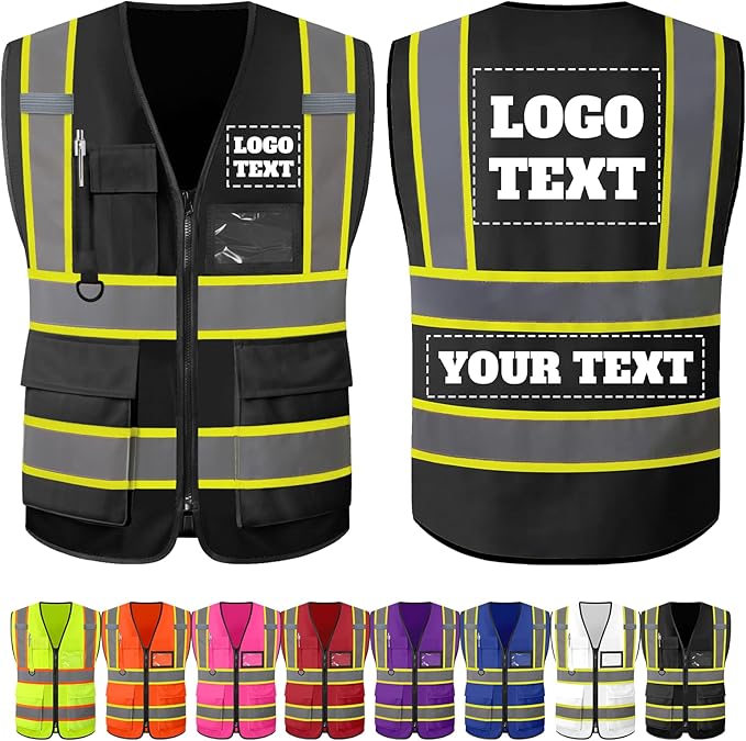 Custom Safety Vest with Logo Personalized High Visibility Vest Reflective for Men with Pockets Zipper Construction Workwear