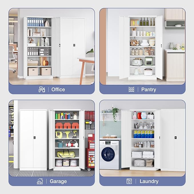 Metal Storage Cabinet with Lock,Lockable Garage Cabinet with 2 Doors and 5 Adjustable Shelves,Tall Steel Cabinets for Garage,Workshop,Gym,School