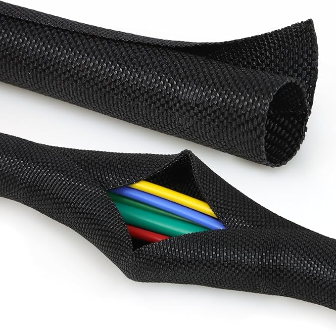 Split Braided Cable Sleeve，Flexible Wire Loom Tubing, Automotive Cord Protector Pet Proof, Cable Management for Computer TV Electric Wires Harness 16ft (Black, 10mm（3/8")