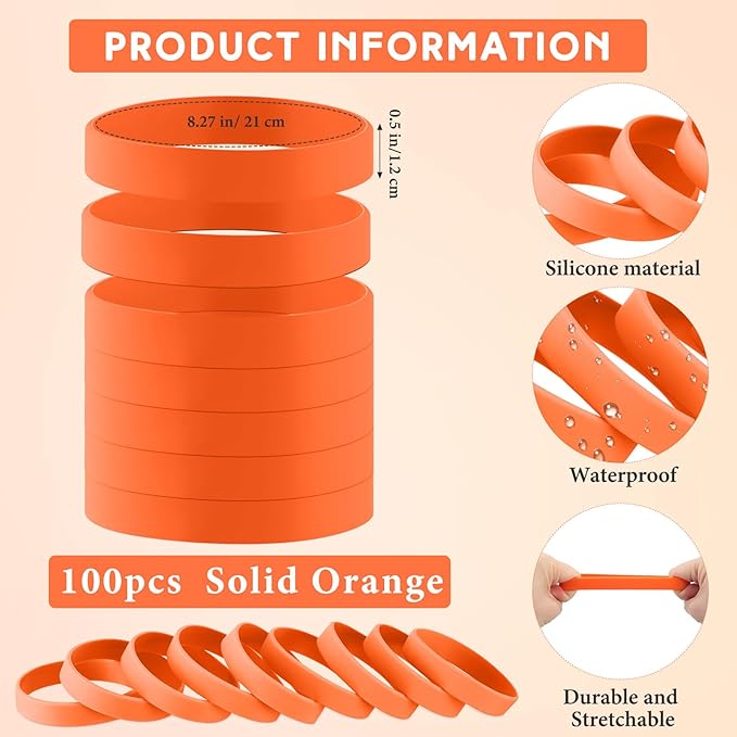 Liliful 100 Pcs Silicone Rubber Wristbands Rubber Wristband Bracelet Bands for Silicone Wristbands for Women Men(Orange)