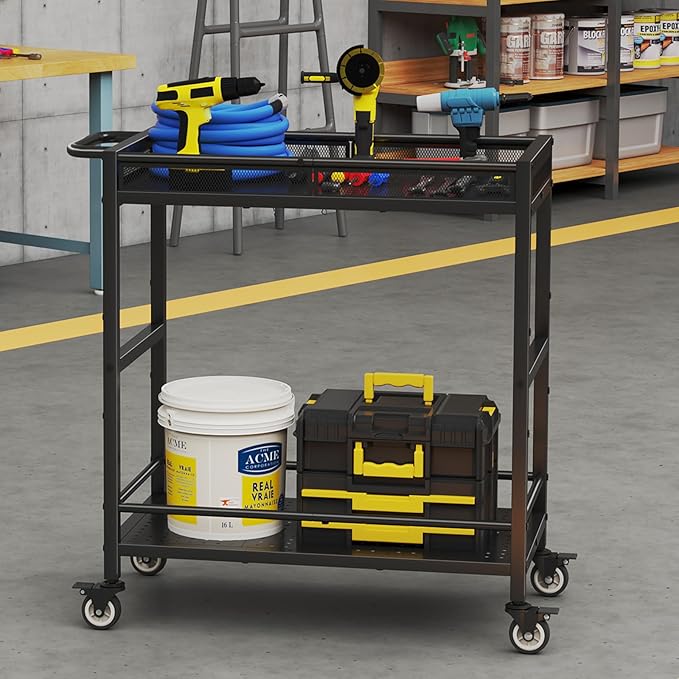 300LBS Heavy Duty Service Utility Cart on Wheels, Metal Rolling Utility Cart with Fences, 2-Tier Service Carts for Garage Garden Warehouse Tool House, Black, 360° Swivel, Ergonomic Handle, Sturdy