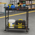 300LBS Heavy Duty Service Utility Cart on Wheels, Metal Rolling Utility Cart with Fences, 2-Tier Service Carts for Garage Garden Warehouse Tool House, Black, 360° Swivel, Ergonomic Handle, Sturdy