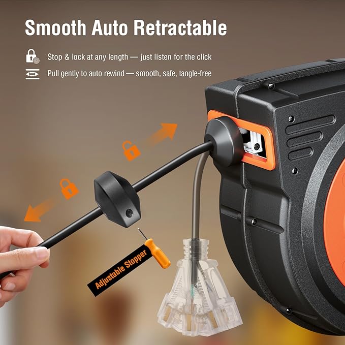 SURAIELEC 80 FT Retractable Extension Cord Reel, 14 AWG SJTOW Power Cord for Garage & Workshop, 10A Circuit Breaker, Wall/Ceiling Mount, Upgraded Anti-Tangle Roller Design, ETL Listed, Orange