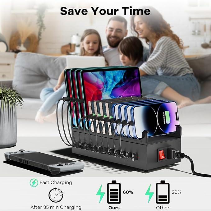 USB Charger Block, 300W 22 Port USB Charging Station for Multiple Devices, Desktop Wall Fast Charger with Storage Dividers, USΒ Power Strip Suitable for Home Office School Hotel