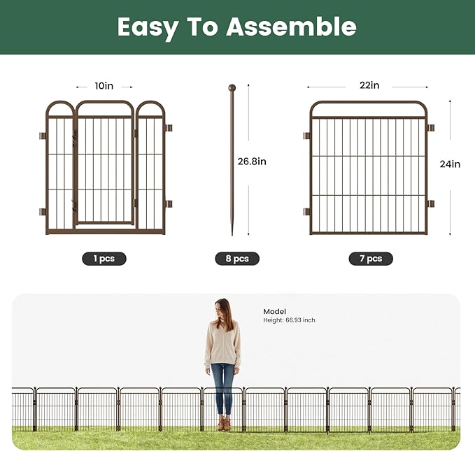 24 in(H) Decorative Garden Fence Outdoor for Yard with Gates,Heavy Duty Iron 8 Panels Total 14.7ft(L) Anti Dig Fence with Gravity Automatic Lock for Indoor/Outdoor Decorative Dog Fence,Brown