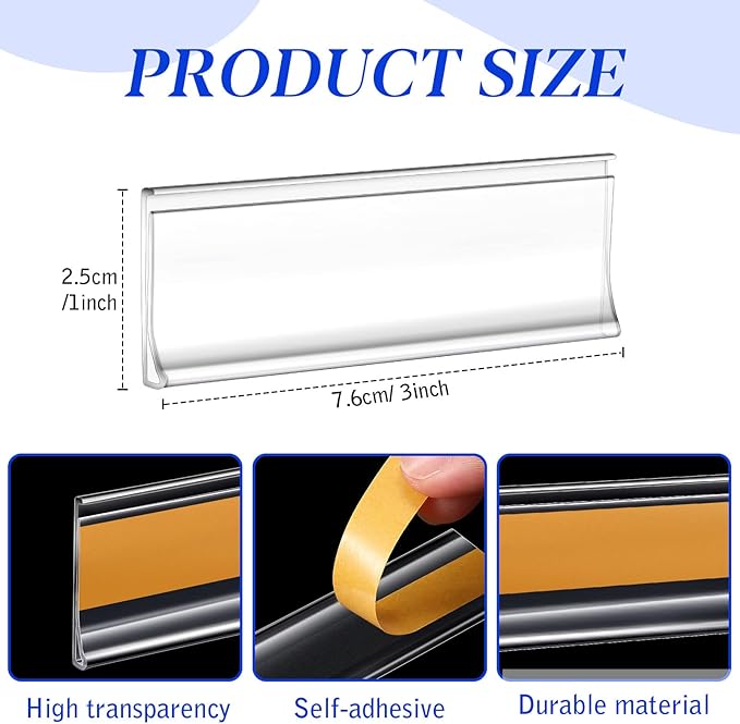 Yexiya 300 Pieces 3 x 1 Inch Clear Plastic Self Adhesive Label Holders Clear Shelf Tag Price Label Holders Bulk with Paper Inserts for Supermarket School Library Bookshelves Mailbox Storage Bins