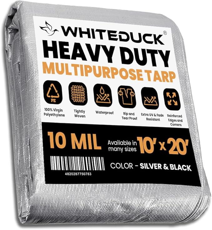WHITEDUCK Super Heavy Duty Poly Tarp Cover 16 Mil & 10 Mil with Grommets and Reinforced Edges (Brown, White & Silver Black) (Silver Black- 10 Mil, 10' x 20')