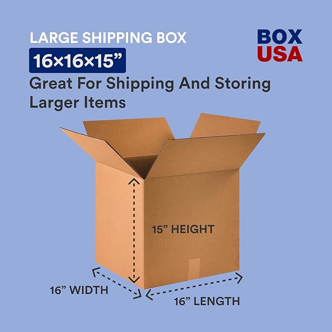 BOX USA Shipping Boxes 16"L x 16"W x 15"H, 25-Pack Medium Corrugated Cardboard Boxes for Shipping, Mailing, Packing, Packaging and Storage