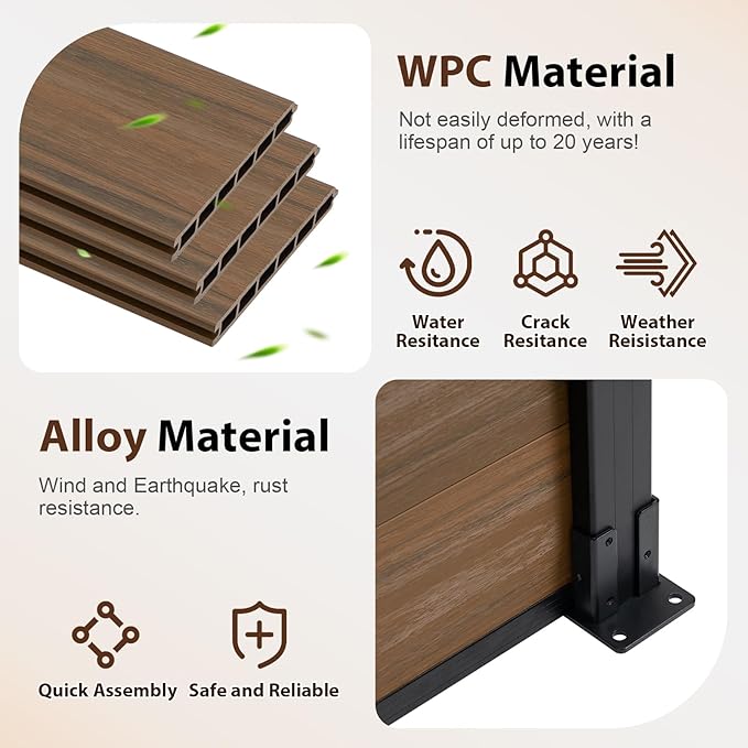 6ft x 6ft Outdoor Privacy Fence, Tall Wind Resistant Covering, Wood Plastic Composite Panel with 2 Posts for Yard, Backyard, Garden and Swimming Pool