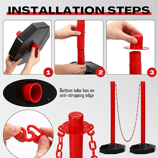 Geiserailie 12 Pack Crowd Control Stanchions Plastic Stanchions Poles with 5FT Plastic Chain Crowd Control Barrier with Fillable Base Traffic Delineator Post for Parking Lot Construction Cone (Red)