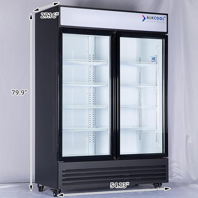 Commercial Beverage Refrigerator Display Fridge,Two Glass Door Upright Merchandiser Drink Cooler with LED Light Adjustable Shelves,46 Cu Ft,ETL Sanitation,(Wheels Not Included)