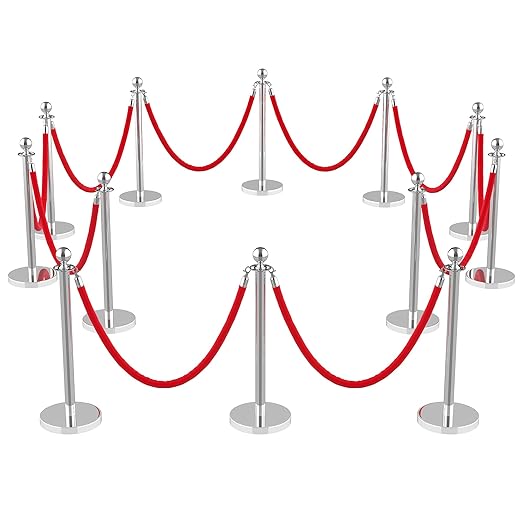 12Pcs Stainless Steel Stanchion Posts with 5ft Red Velvet Ropes - Crowd Control Barriers & Queue Line Kit with 26ft Red Carpet for Wedding, Party, Theater Supplies