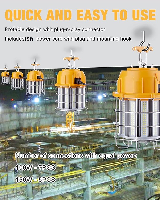 LED Temporary Work Light 150W, 5000K 18,000lm Outdoor Construction Lights Job Site Lighting 15ft Cord IP65 Dust Waterproof Hanging Lighting