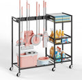 Broom and Mop Holder, MUNNAR Broom Storage Holder with Cleaning Supplies Organizer, 2-in-1 Broom Mop and Cleaning Supplies Storage Cleaning Cart, Cleaning Cart with Wheels for Housekeeping
