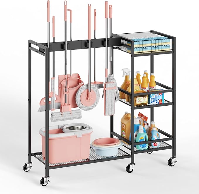Broom and Mop Holder, MUNNAR Broom Storage Holder with Cleaning Supplies Organizer, 2-in-1 Broom Mop and Cleaning Supplies Storage Cleaning Cart, Cleaning Cart with Wheels for Housekeeping