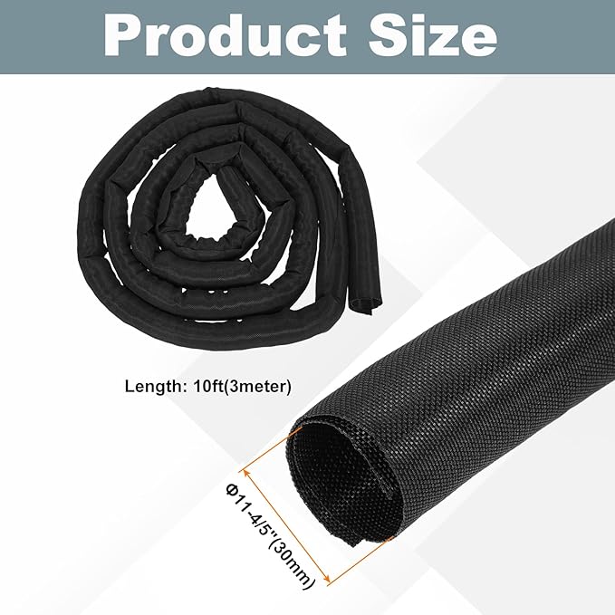 MECCANIXITY 1-1/5 Inch ID Split Loom Tubing 10ft Polyester Cord Protector Wire Cable Sleeve for USB Cable Power Cord, Black