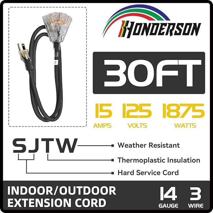 3-Outlets Indoor Outdoor Extension Cord Weatherproof with Lighted End, UL Listed, 14 Gauge 30FT Black 3 Prong Heavy Duty, 14/3 SJTW 15A Power Cord