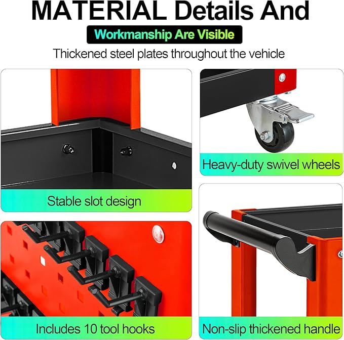 3 Tier Rolling Tool Cart, Mechanic Tool Cart on Wheels, Mechanic Storage Organizer, Utility Cart with Pegboard and Hook for Garage, Workshop, Warehouse（Red & Black）