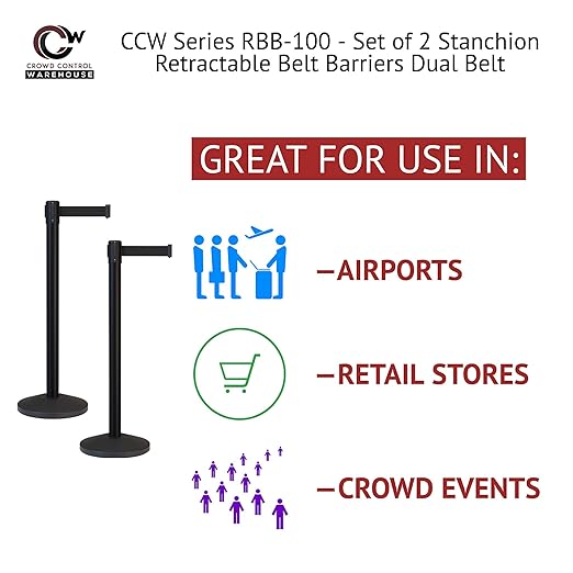 Crowd Control Warehouse CCW Series RBB-100 - Set of 2 Stanchion Retractable Belt Barriers - 7.5 Foot, Black and Red Diagonal Belt with Black Post - Easy Assembly
