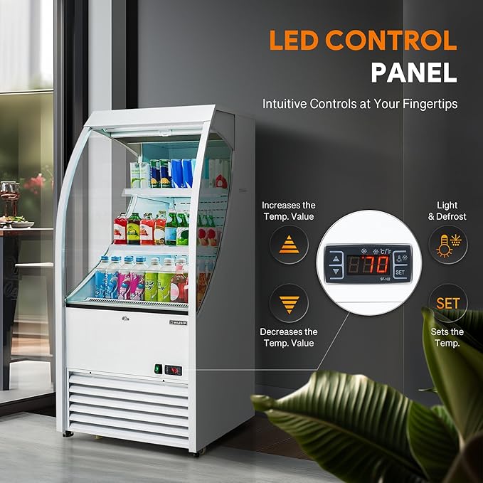 Wilprep Commercial Display Refrigerator, 27" Open Air Merchandiser with 6.7 cu. ft. Volume LED Lighting Night Curtain, Grab and Go Display Refrigerator Showcase for Store Cafe Bar Shop