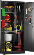 Broom Closet Storage Cabinet with 5 Pegboard, Hanging Rod &13 Hooks, Utility Metal Garage Storage Cabinets with Doors and 4 Shelves for Garage Home Storage, Black,61.6" Hx27.6 Wx13.8 D