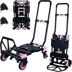 JJSMKCH 2 in 1 Folding Hand Truck,330LB Capacity Hand Truck Foldable,Dolly Cart with Wheels and 3-Speed Adjustable Handle,Portable Hand Cart,Collapsible Dolly for Moving (Pink)