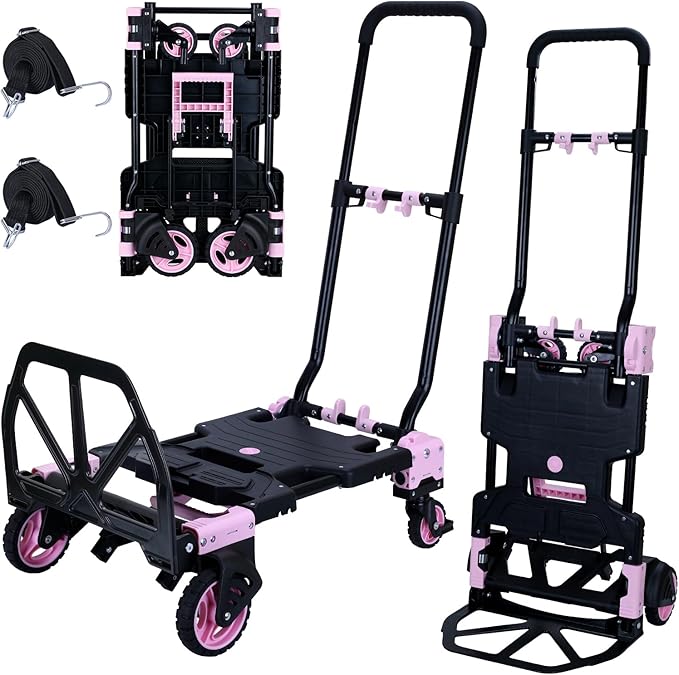 JJSMKCH 2 in 1 Folding Hand Truck,330LB Capacity Hand Truck Foldable,Dolly Cart with Wheels and 3-Speed Adjustable Handle,Portable Hand Cart,Collapsible Dolly for Moving (Pink)