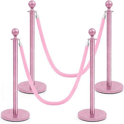 Ferraycle 4 Pcs Stainless Steel Stanchions Post Queue 38 Inch, 5 ft Velvet Carpet Ropes and Pole, Control Barriers for Wedding Birthday Party Decoration Sand Injection Hollow Base Set (Glitter Pink)
