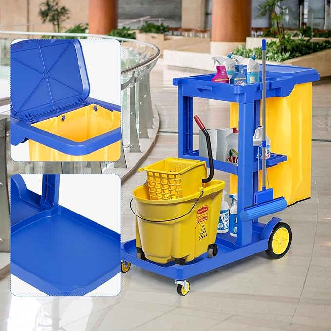 tonchean Commercial Janitorial Cart, 3-Shelf Housekeeping Cart with 22 Gallon Vinyl Bag & Cover, Large Capacity Janitorial Carts on Wheels for Hotels, Stores, Schools, Offices