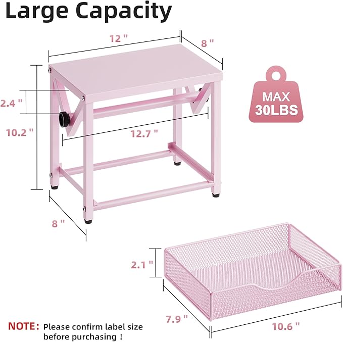 Marbrasse Label Holder for Rolls and Fanfold Labels, Metal Thermal Label Printer Holder with Drawer, Shipping Label Stand,Sticker Roll Holder for Home, Office, Small Business,Pink