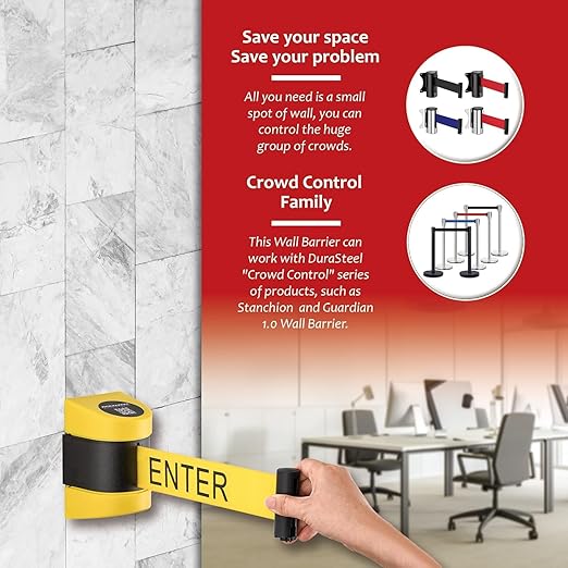 DuraSteel Wall Mount Crowd Control Retractable Belt Barrier - 9.2 Ft Yellow Do NOT Enter Retractables Barrier Belt w/Yellow ABS Casing Crowd Control Barriers Line NOT Stanchions with Retractable Belts