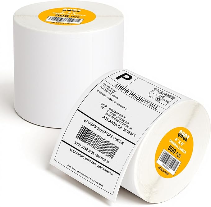Qncz 1000 Pcs 4x6 Thermal Labels - 2 Rolls of 500, White Perforated & Smudge-Proof & Strong Adhesive Mailing Sticker Labels, Compatible with Rollo, Zebra, Jadens, Nelko