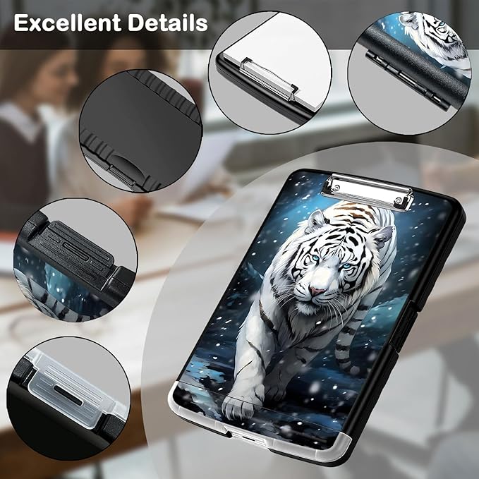 Clipboard with Storage,Office Supplies Nursing Clipboards Folder with Pen Holder Plastic Storage ClipBoard Foldable for Teacher Nurse,White Tiger