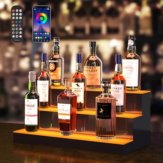 VEVOR LED Lighted Liquor Bottle Display, 3 Tiers 24 Inches, Supports USB, Illuminated Home Bar Shelf with RF Remote & App Control 7 Static Colors 1-4 H Timing, Acrylic Lighted Shelf for 18 Bottles