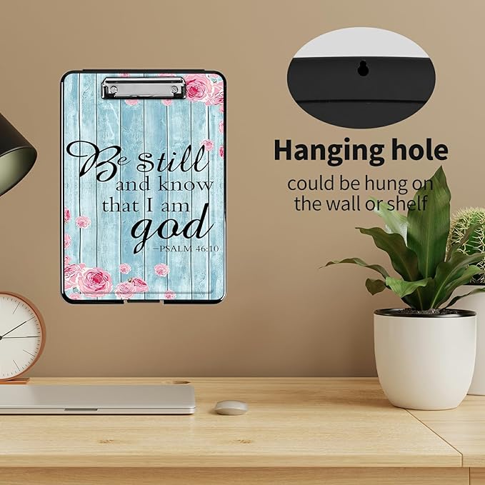 A4 Clipboards,Heavy Duty Waterproof Nursing Plastic Folder Clipboard with Storage Clip Boards,File Folder Storage Box Clipboard Case for Teacher,Doctor,Offices,Psalm 46-10 Be Still